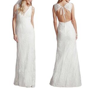 Galina Backless Flower Lace V-Neck Wedding Dress with Empire Waist in White